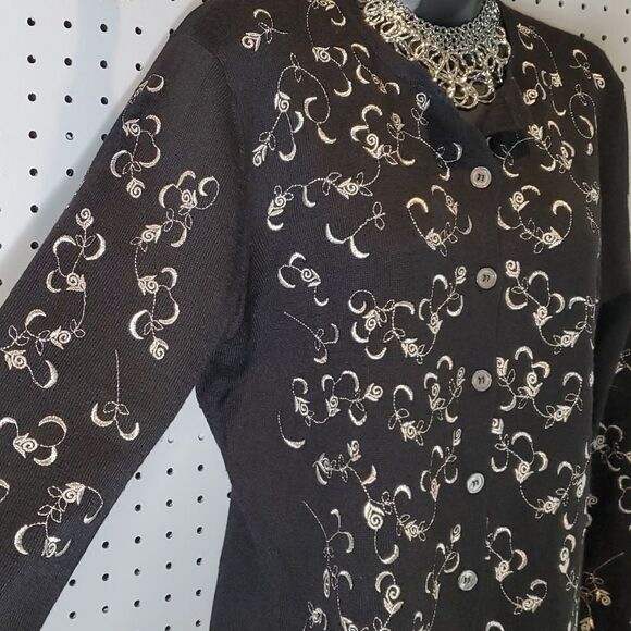 Pendleton Black & Silver Embroidered Roses Lightweight Cardigan Sweater, Sz M - Picture 5 of 6